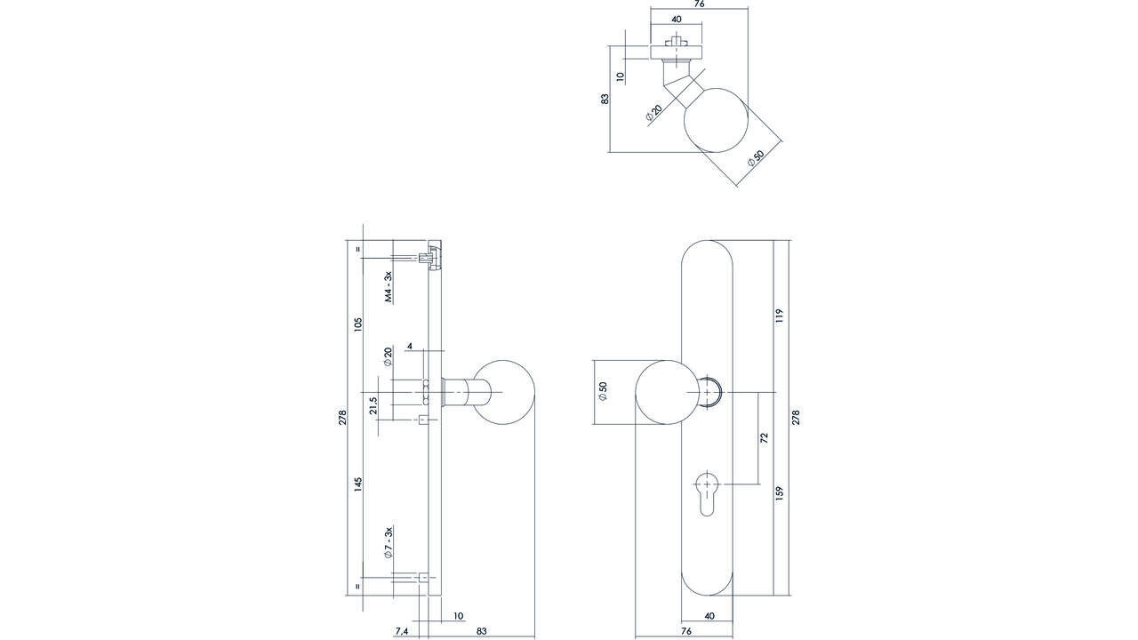 Intersteel Knopschild ovaal verdekt XL 278x40x10mm met nokken en vaste knop bol/schuin profielcilindergat 72mm rvs