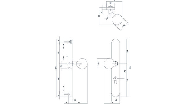 Intersteel Knopschild ovaal verdekt XL 278x40x10mm met nokken en vaste knop bol/schuin profielcilindergat 72mm rvs