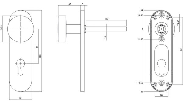 Intersteel Knopschild ovaal verdekt brandvertragend 170x47x8mm met vaste knop plat en wisselstift 9mm profielcilindergat 72mm rvs