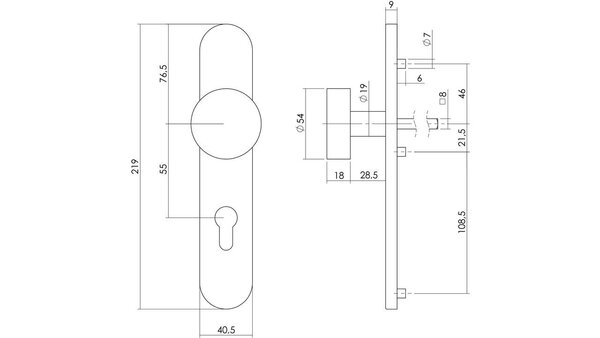 Intersteel Knopschild ovaal verdekt 219x41x8mm met nokken en vaste knop plat rvs