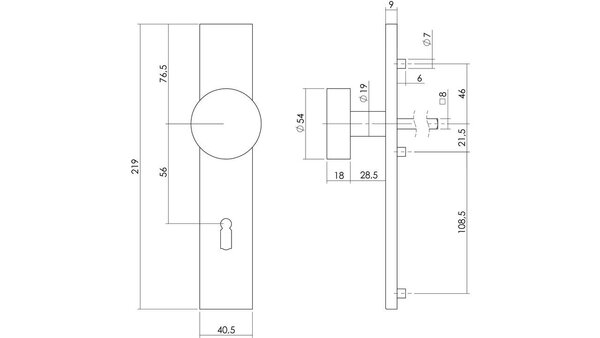 Intersteel Knopschild rechthoekig verdekt 219x41x8mm met nokken en vaste knop plat rvs