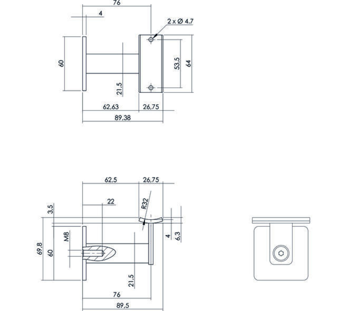Intersteel Leuninghouder verdekt zwaar vierkant met vlak of hol zadel rvs