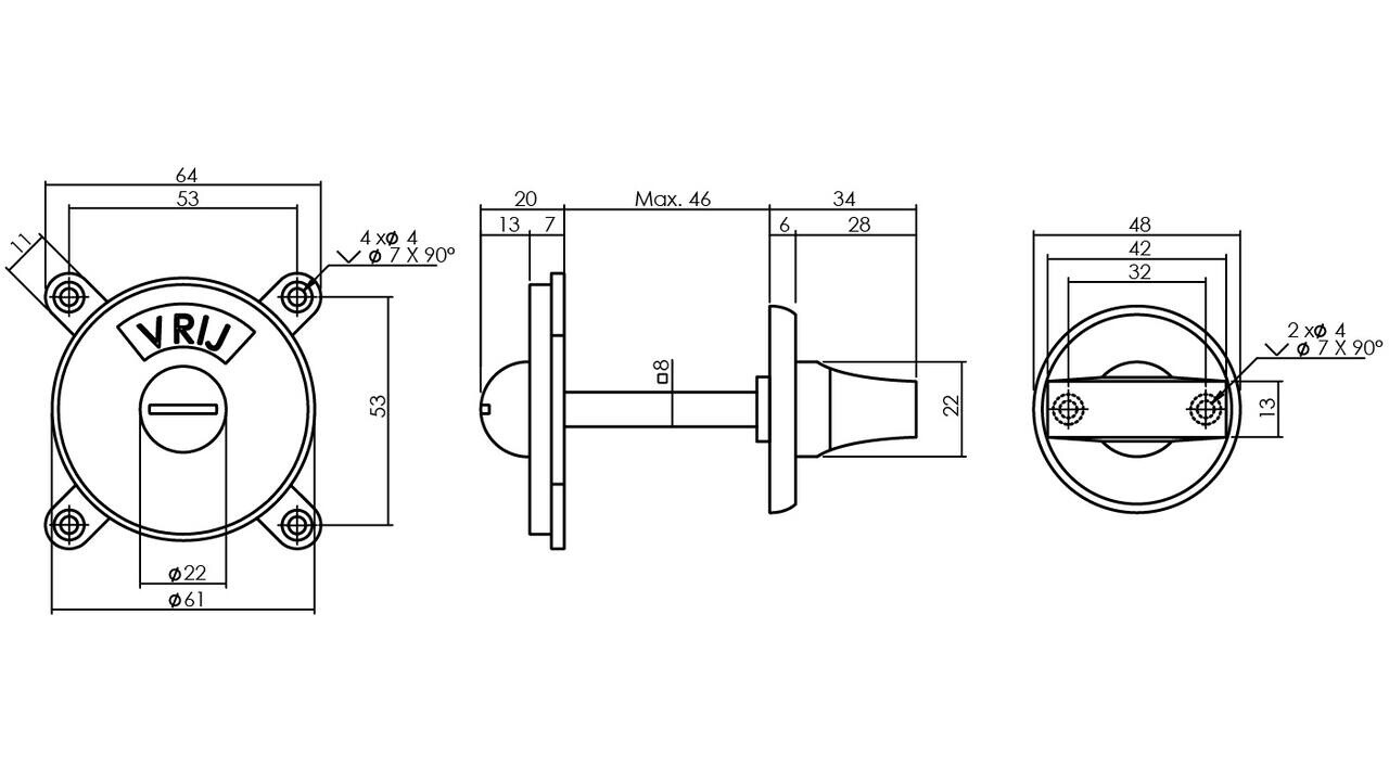 Intersteel WC-sluiting Degeorge met 8mm stift en tekst "vrij / bezet" messing getrommeld