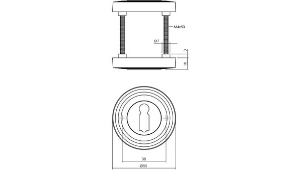 Intersteel Sleutelrozetten verdekt met rillen ø55x10mm en nokken PVD messingkleur