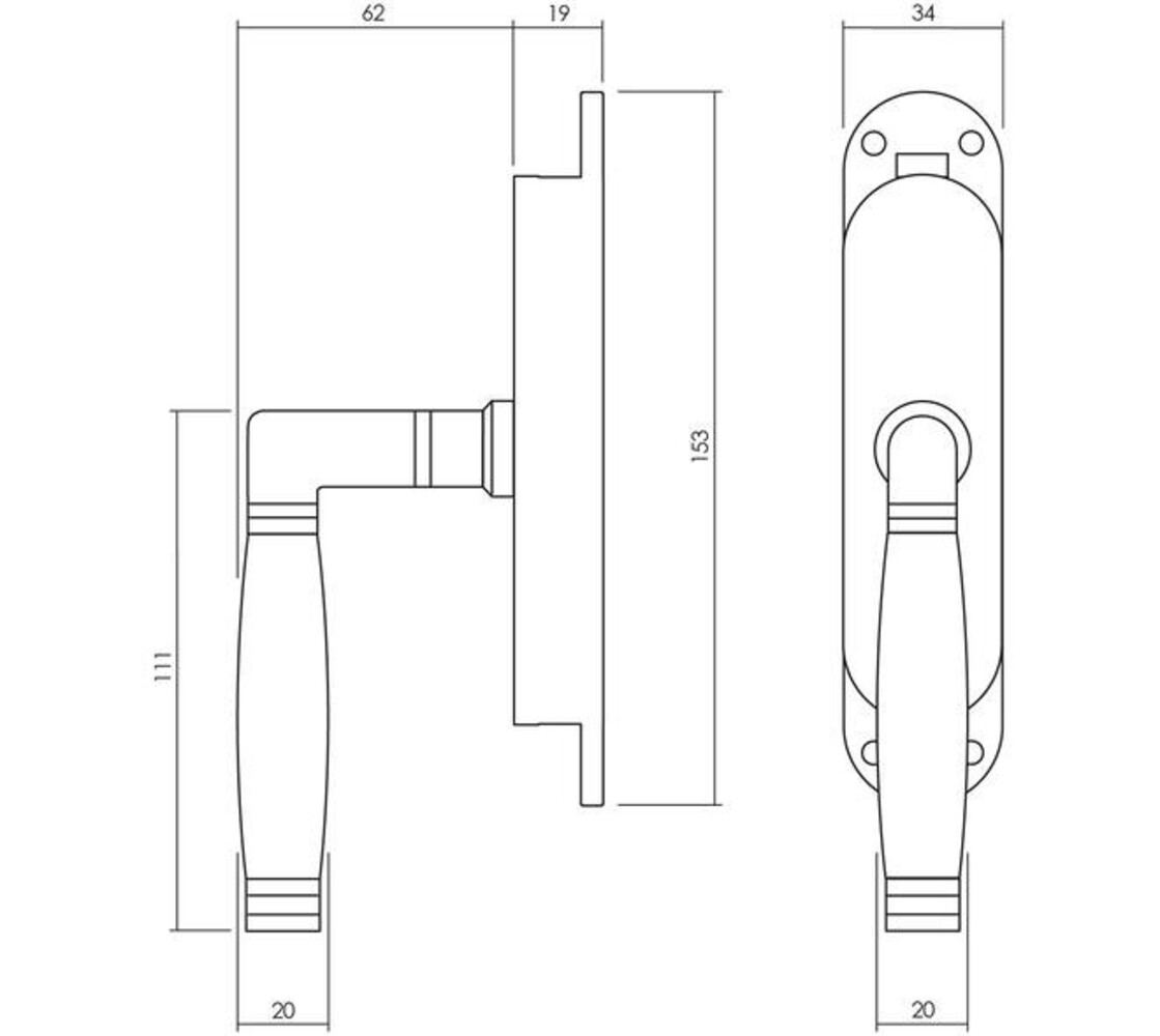 Intersteel Set kruk-espagnolet links Ton 222 inclusief stangenset 2x 1250mm messing ongelakt /ebbenhout