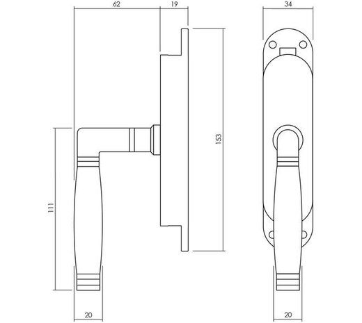 Intersteel Set kruk-espagnolet links Ton 222 inclusief stangenset 2x 1250mm messing ongelakt /ebbenhout