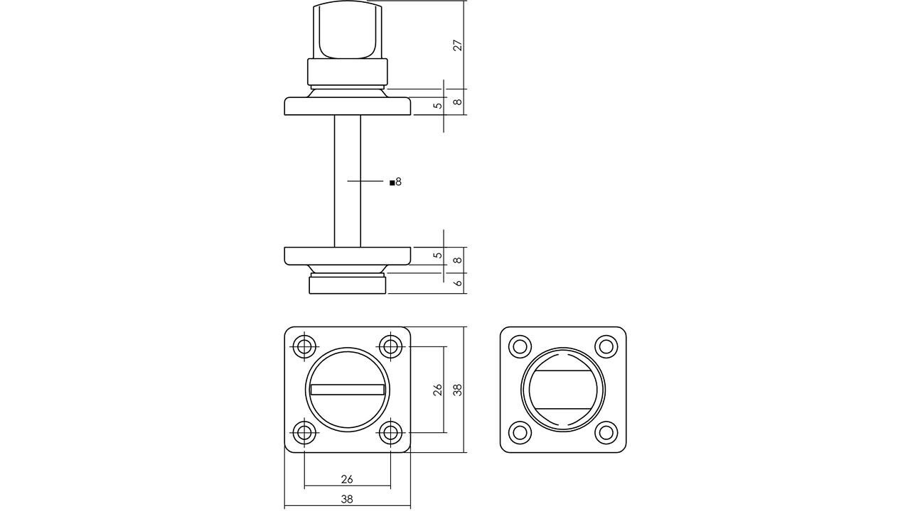 Intersteel WC-sluiting 38x38x5mm met stift 8x8mm messing gelakt