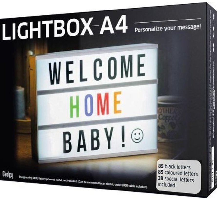 Gadgy Lightbox A4 - Batterie ou USB - avec câble USB, lettres noires et colorées, émoticônes - cadeau