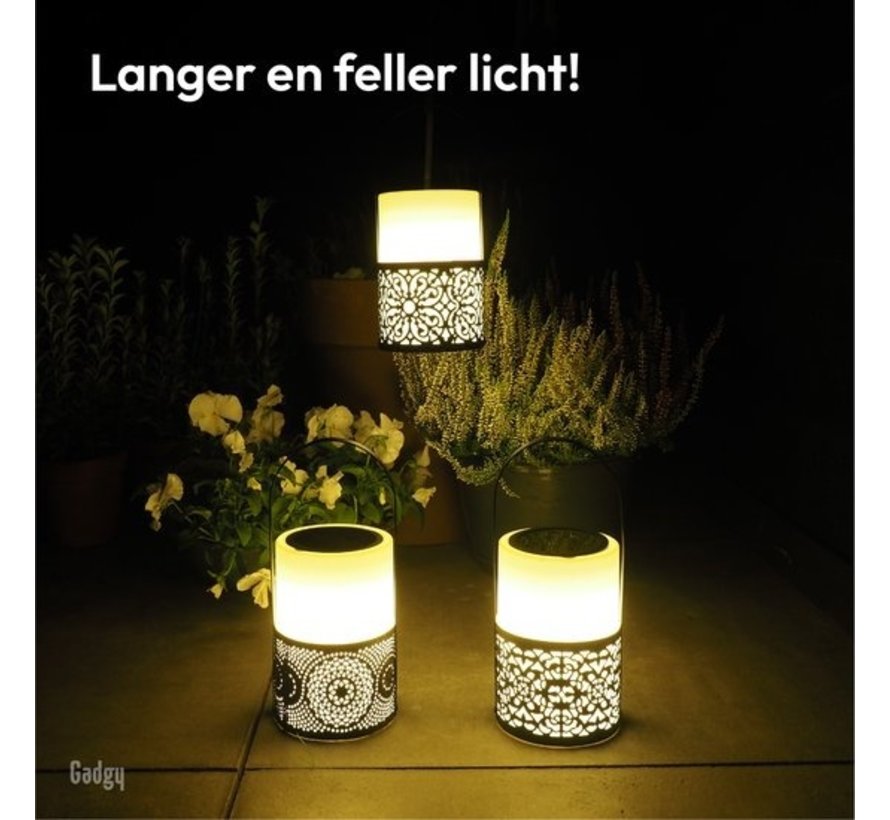 Gadgy Solar Lantern Black/White - Set of 3 - Lampe de jardin solaire - Lampe d'extérieur à Led avec détecteur jour/nuit - Lampe de table - Lampe suspendue - Lanterne de jardin - 24 x Ø 10.7 cm