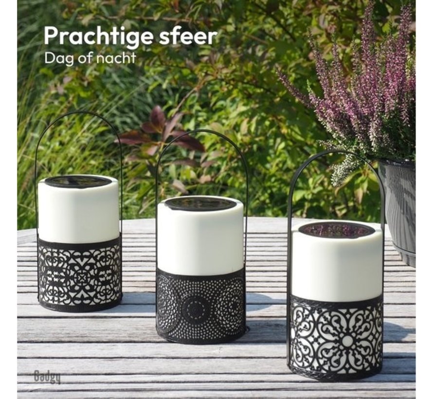 Gadgy Solar Lantern Black/White - Set of 3 - Lampe de jardin solaire - Lampe d'extérieur à Led avec détecteur jour/nuit - Lampe de table - Lampe suspendue - Lanterne de jardin - 24 x Ø 10.7 cm