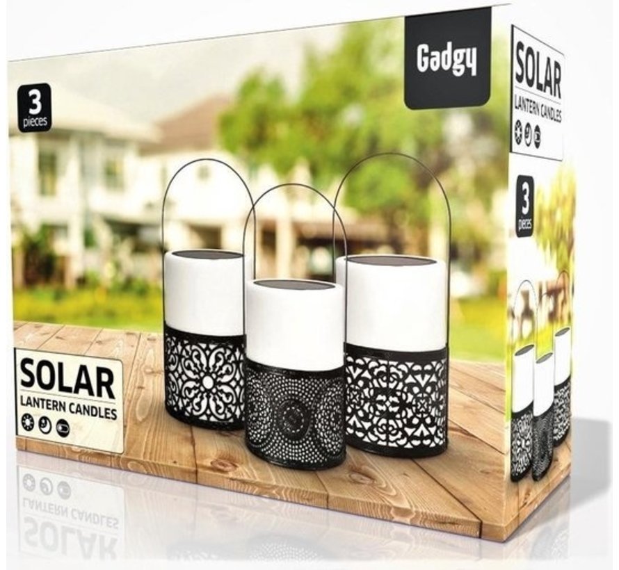 Gadgy Solar Lantern Black/White - Set of 3 - Lampe de jardin solaire - Lampe d'extérieur à Led avec détecteur jour/nuit - Lampe de table - Lampe suspendue - Lanterne de jardin - 24 x Ø 10.7 cm