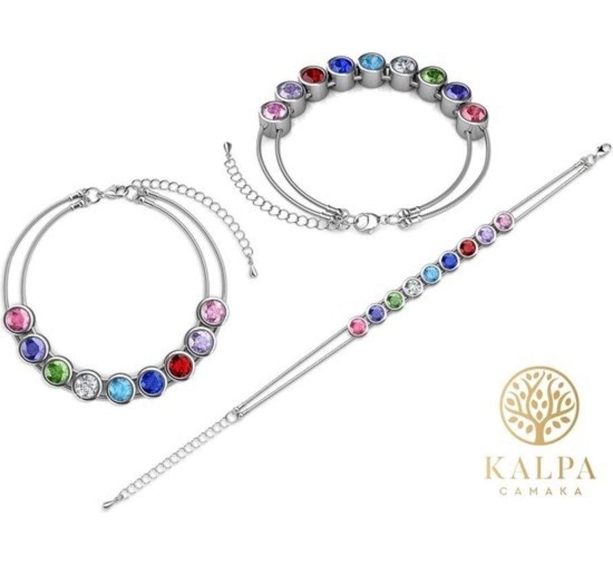 Bracelet à breloques pour femme avec 7 cristaux colorés - Yolora - argenté