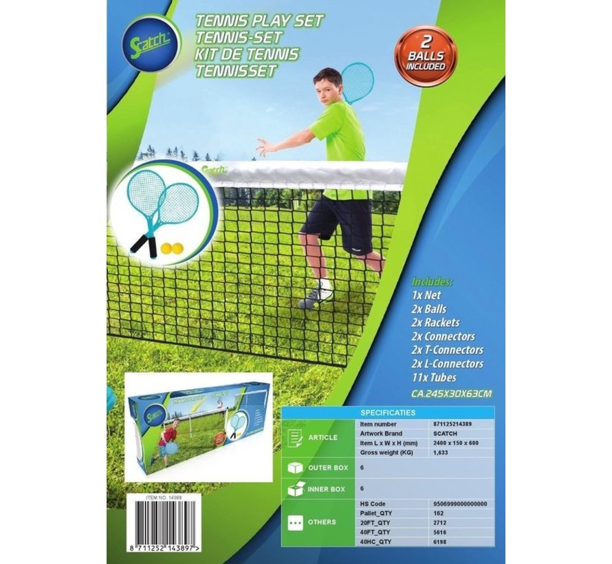 Set de tennis Scatch - 1 filet - 2 raquettes - 2 balles - 245 x 30 x 63 cm