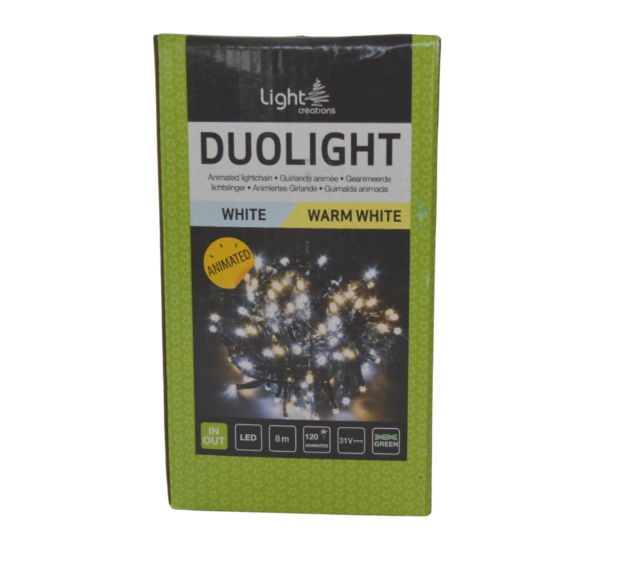 Eclairage d'ambiance Duolight - Blanc et blanc chaud - Câble vert - AVEC effet lumineux - 24 V - 8 M - 120 Leds