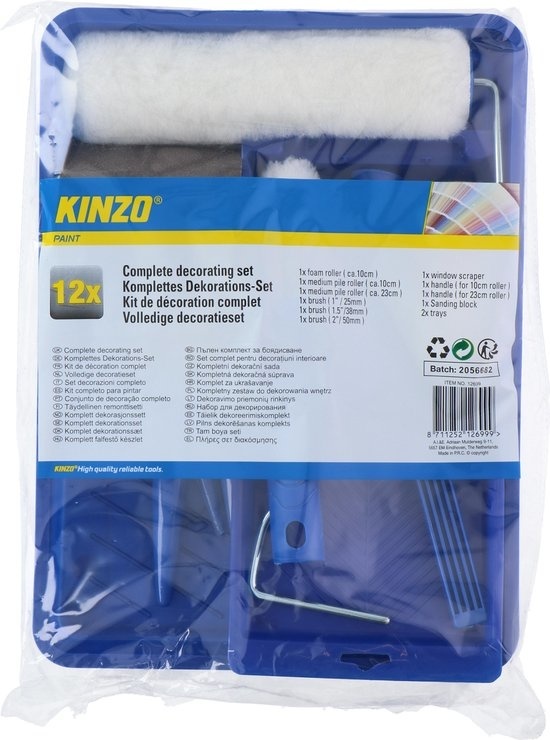 Ensemble de peinture - Kinzo - 12 pièces - Kit de peinture - Set de peinture - Pinceaux de peinture - Rouleaux de peinture - Plateau de peinture