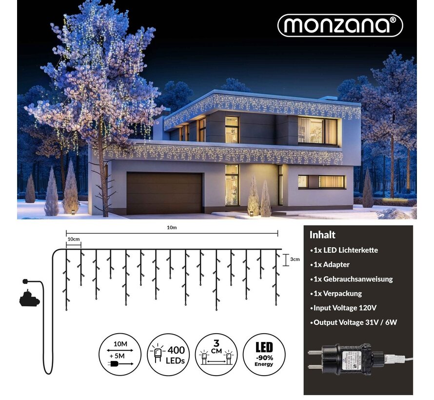 Monzana icicle lights 15m avec 400LEDs - warm white