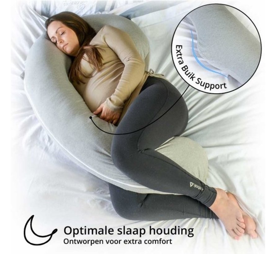 Oreiller de grossesse XXL en forme de J - Ella® - Oreiller pour le sommeil latéral - Oreiller pour le corps - Oreiller d'allaitement - Oreiller pour le corps - Housse amovible en coton - 155cm -Gris clair