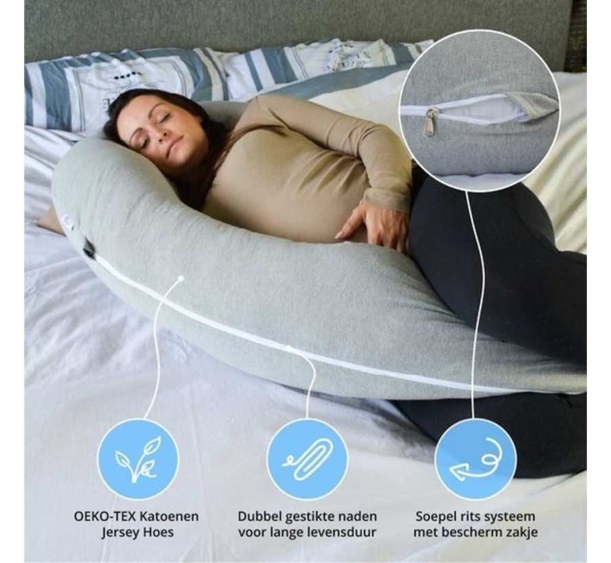 Oreiller de grossesse XXL en forme de J - Ella® - Oreiller pour le sommeil latéral - Oreiller pour le corps - Oreiller d'allaitement - Oreiller pour le corps - Housse amovible en coton - 155cm -Gris clair