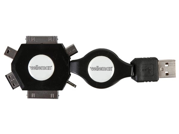 Velleman 6-In-1 Self-Winding Usb 2.0 Charging Cable - Male/Male - Black - 53 Cm
