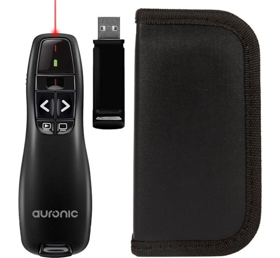 Auronic Presenter - Sans fil - Pointeur laser - Clicker - 20 mètres - Livré avec housse - Noir