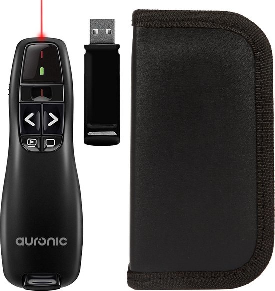Auronic Presenter - Sans fil - Pointeur laser - Clicker - 20 mètres - Livré avec housse - Noir