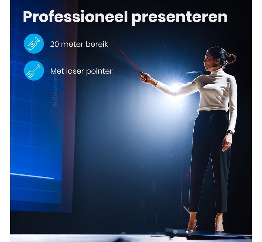 Auronic Presenter - Sans fil - Pointeur laser - Clicker - 20 mètres - Livré avec housse - Noir