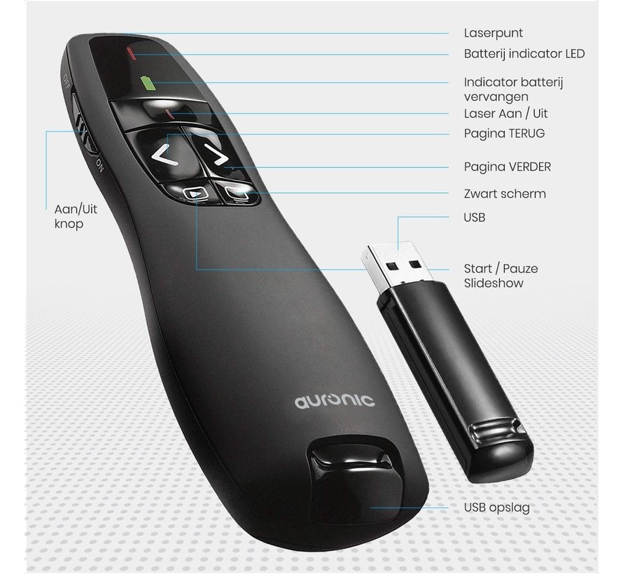 Auronic Presenter - Sans fil - Pointeur laser - Clicker - 20 mètres - Livré avec housse - Noir