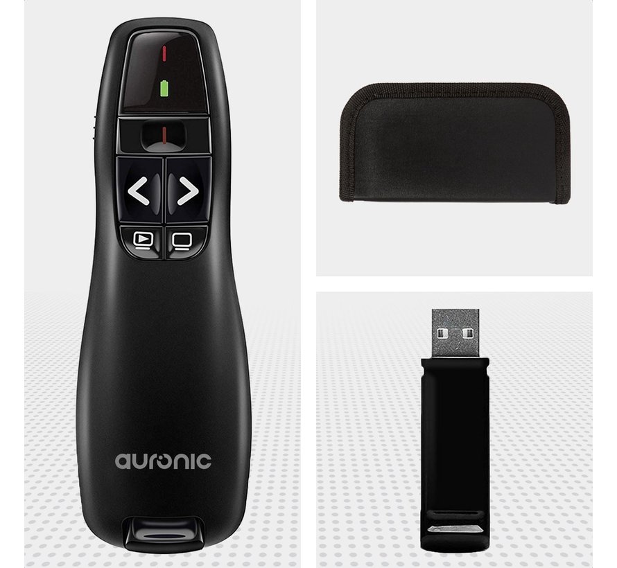 Auronic Presenter - Sans fil - Pointeur laser - Clicker - 20 mètres - Livré avec housse - Noir