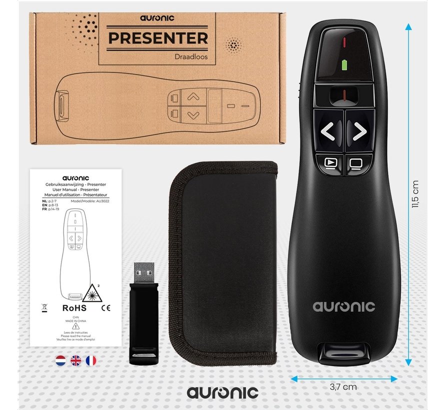 Auronic Presenter - Sans fil - Pointeur laser - Clicker - 20 mètres - Livré avec housse - Noir