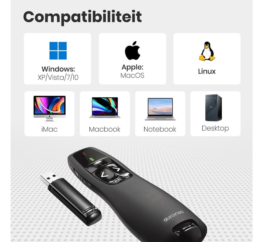 Auronic Presenter - Sans fil - Pointeur laser - Clicker - 20 mètres - Livré avec housse - Noir