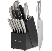 KitchenBrothers KitchenBrothers Set de couteaux - Bloc de couteaux - 16 pièces - avec ciseaux et acier d'affûtage - Argent/Acier inoxydable