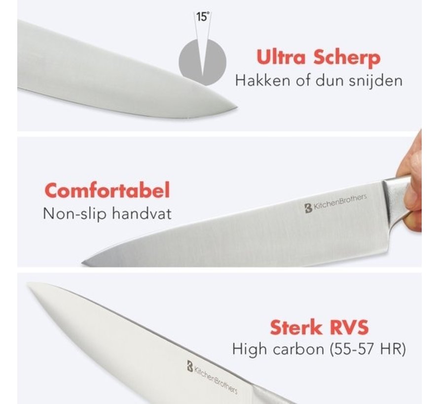 KitchenBrothers Set de couteaux - Bloc de couteaux - 16 pièces - avec ciseaux et acier d'affûtage - Argent/Acier inoxydable