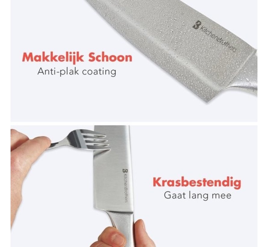 KitchenBrothers Set de couteaux - Bloc de couteaux - 16 pièces - avec ciseaux et acier d'affûtage - Argent/Acier inoxydable