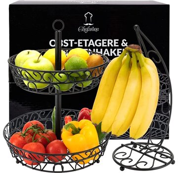 Chefarone Chefarone Etagère à fruits avec support à bananes - Corbeille à fruits - Support à bananes - Coupe à fruits - Panier à légumes - 2 étages - Métal - Noir