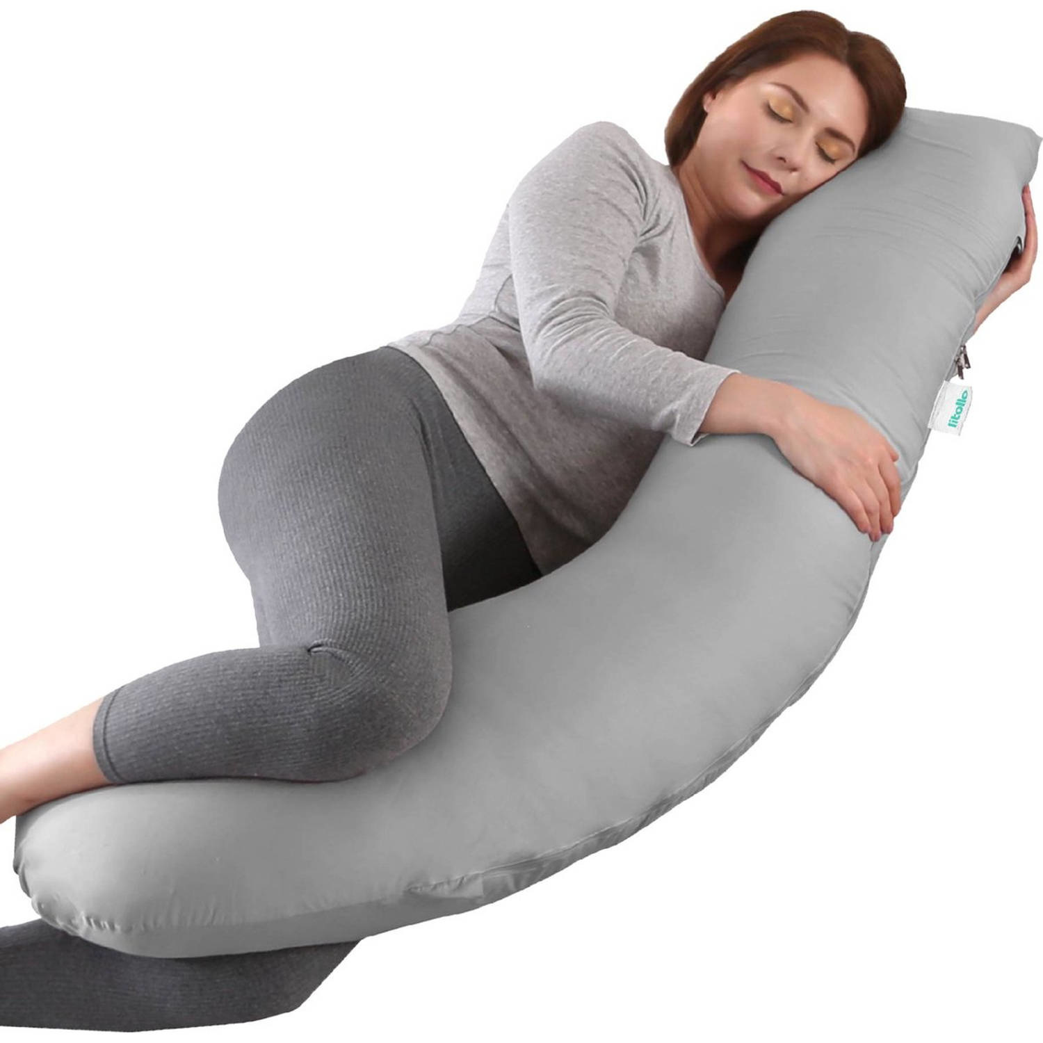 Litollo® Coussin de grossesse (forme J) - Coussin en soie - Coussin d'allaitement - Coussin de corps - 145cm - Housse amovible - Gris