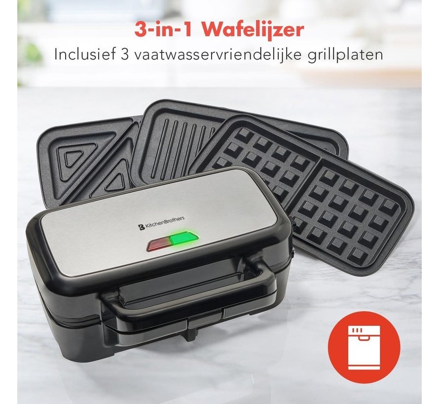 Appareil multifonction 3-en-1 KitchenBrothers  - Gaufrier/Grill/croque monsieur - Plaques interchangeables - acier inoxydable