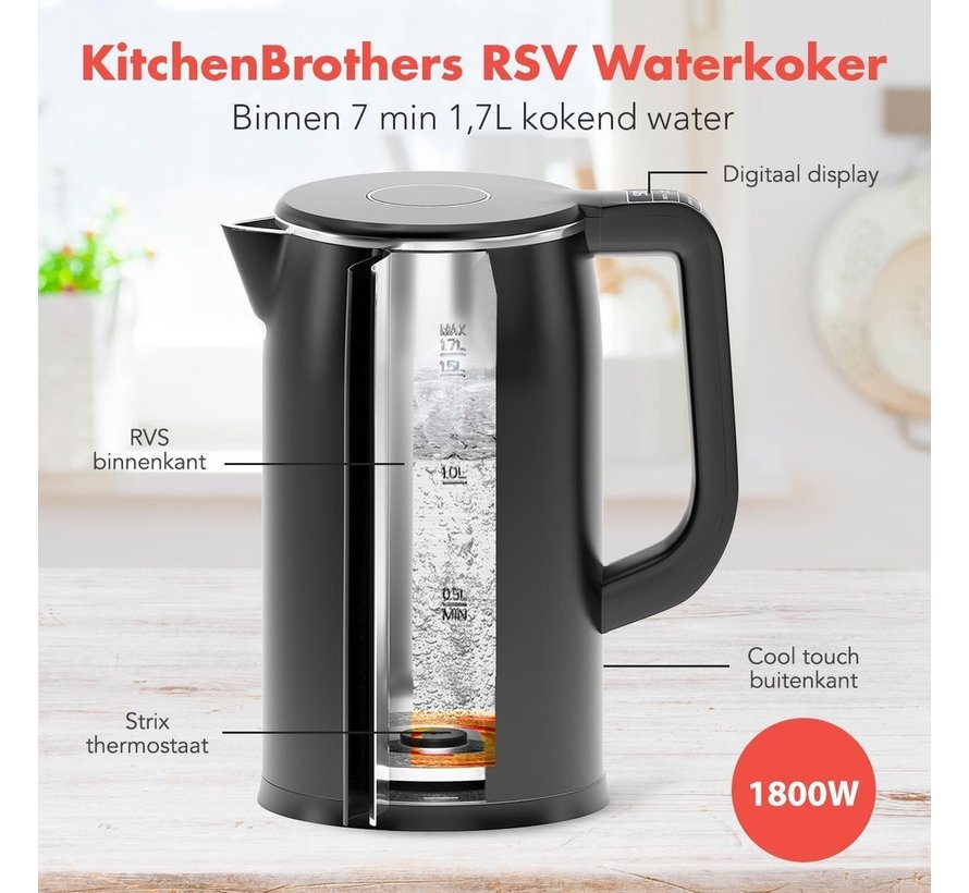 KitchenBrothers - Bouilloire électrique 1.7L - Avec contrôle de la température - 1800W - acier inoxydable - Noir