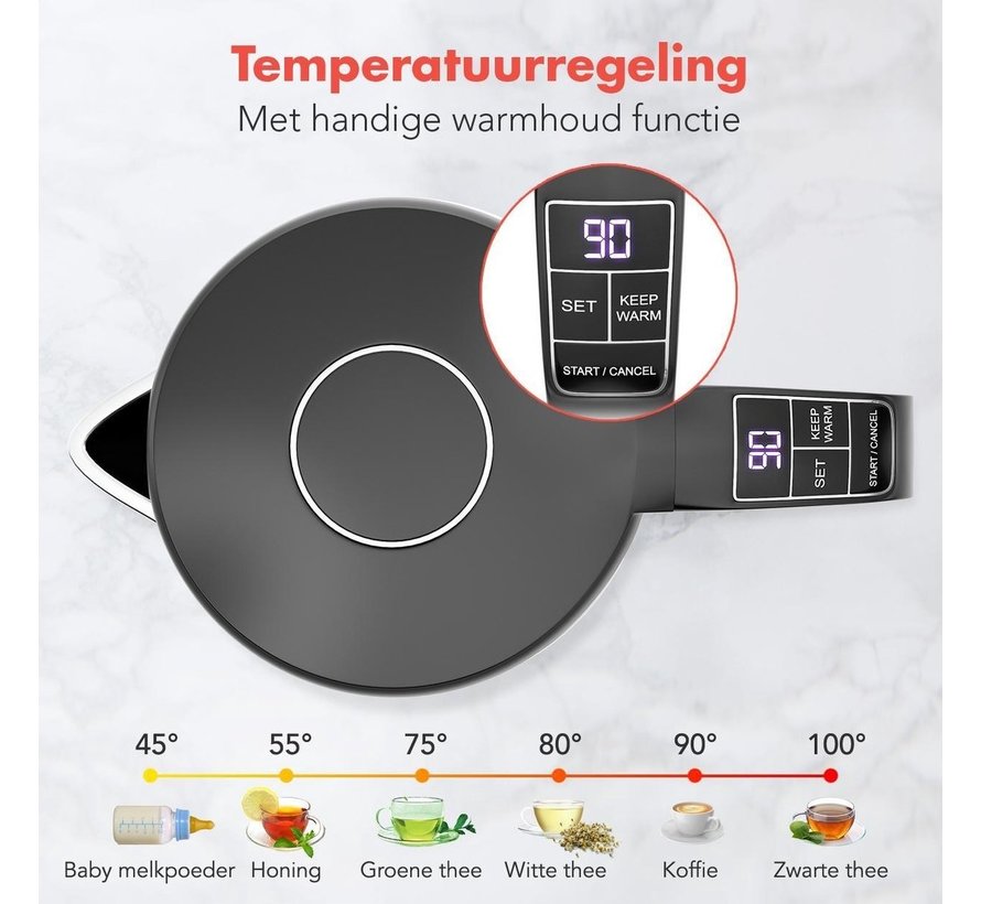 KitchenBrothers - Bouilloire électrique 1.7L - Avec contrôle de la température - 1800W - acier inoxydable - Noir