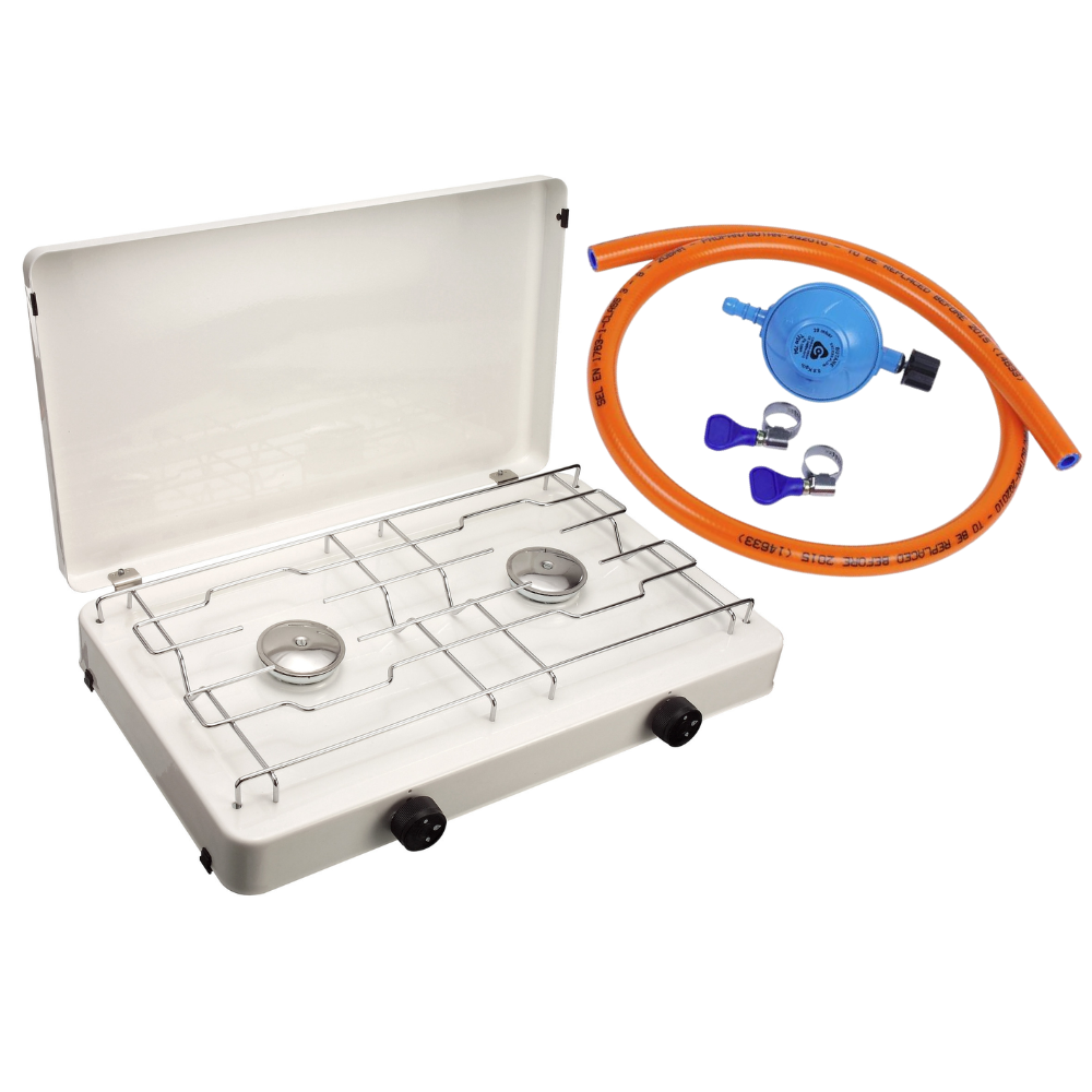 Réchaud de camping ZK 421 - CFH - Deux brûleurs avec kit d'installation de tuyau de gaz - 150 cm avec régulateur de pression - 30 mbar