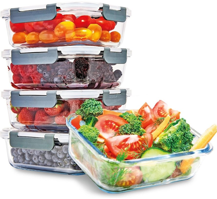 KitchenBrothers Meal Prep Trays - Set de plateaux fraîcheur - hermétique - sans BPA - 1L - verre - 5 pièces