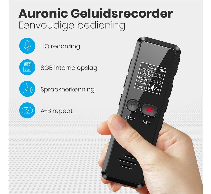 Enregistreur vocal numérique Auronic - Dictaphone - Stockage 8GB - Réduction de bruit - USB - Noir