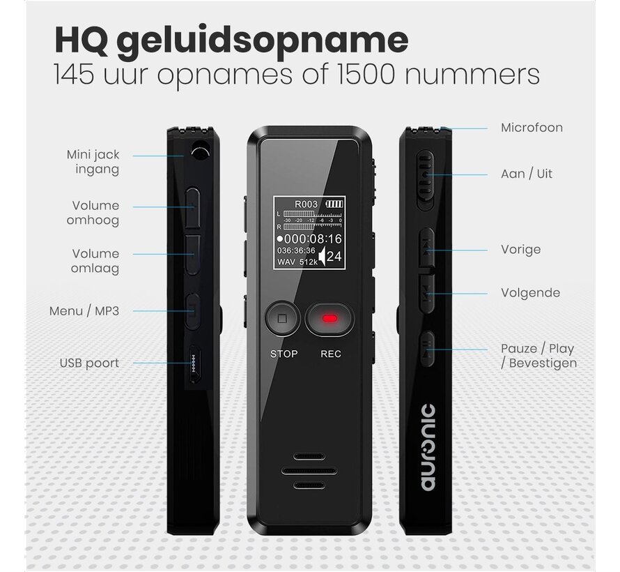 Enregistreur vocal numérique Auronic - Dictaphone - Stockage 8GB - Réduction de bruit - USB - Noir