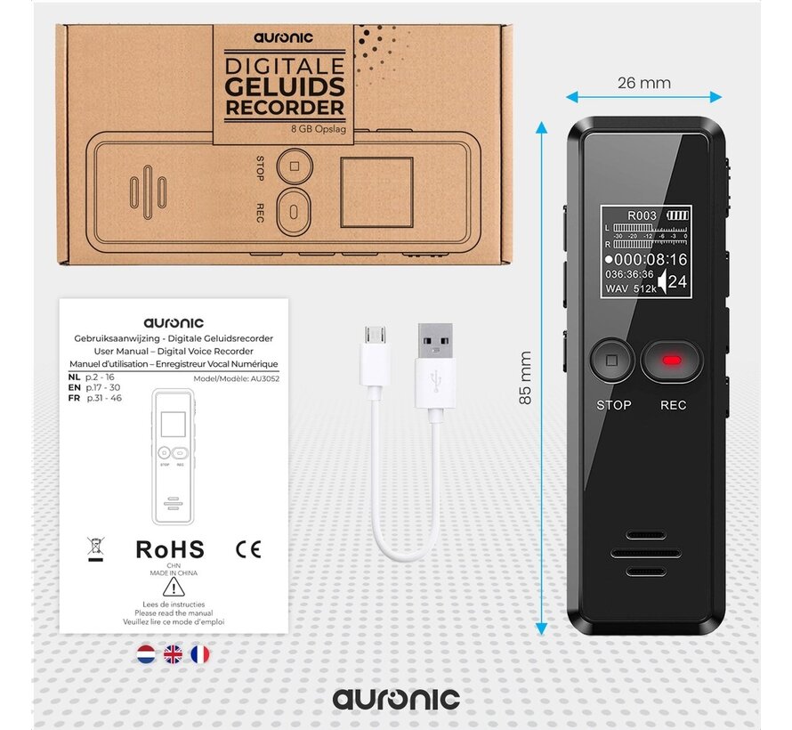 Enregistreur vocal numérique Auronic - Dictaphone - Stockage 8GB - Réduction de bruit - USB - Noir