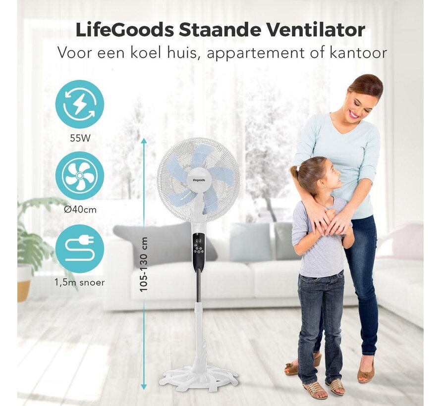 LifeGoods Ventilateur tripode - Ventilateur sur pied avec télécommande - minuterie - 50W - 53dB - blanc