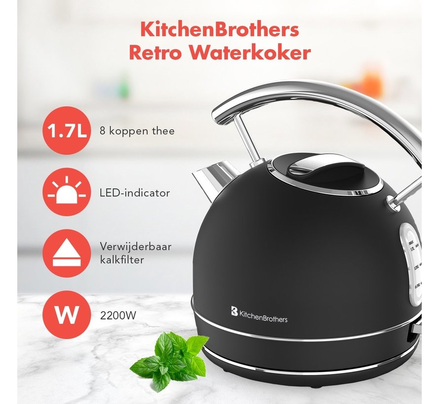 Bouilloire électrique KitchenBrothers - Rétro - 1,7L - 2200W - Acier inoxydable - Noir