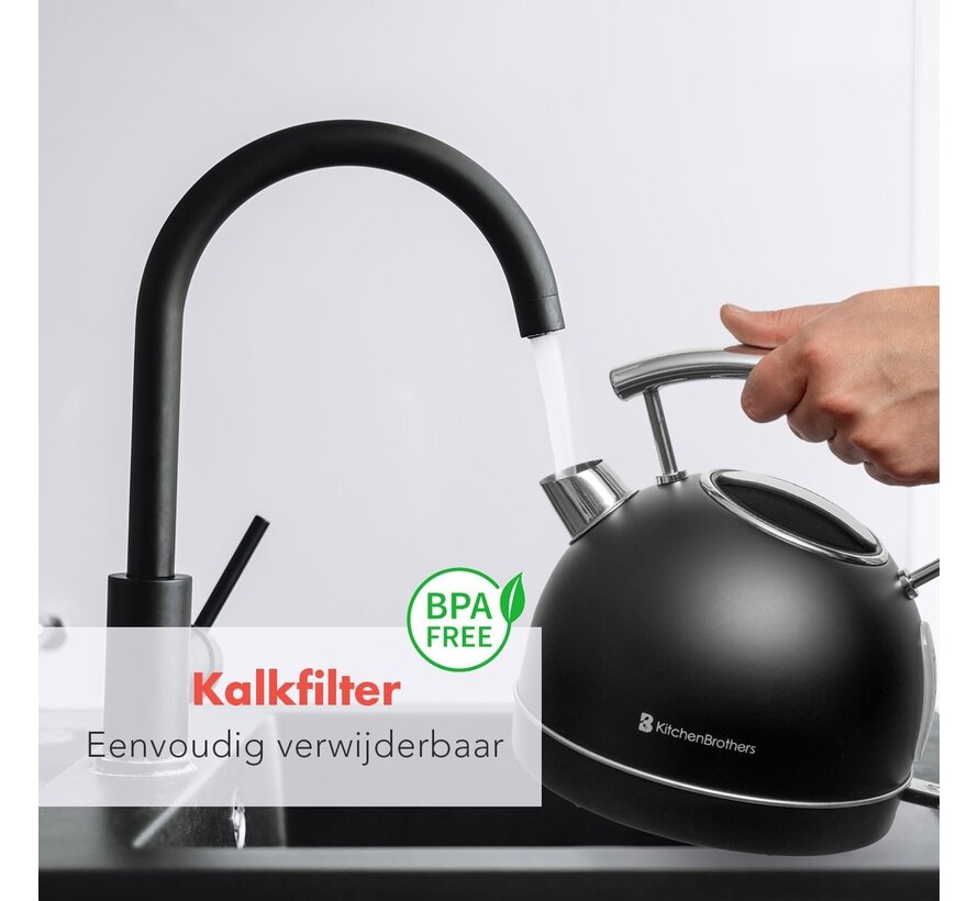Bouilloire électrique KitchenBrothers - Rétro - 1,7L - 2200W - Acier inoxydable - Noir
