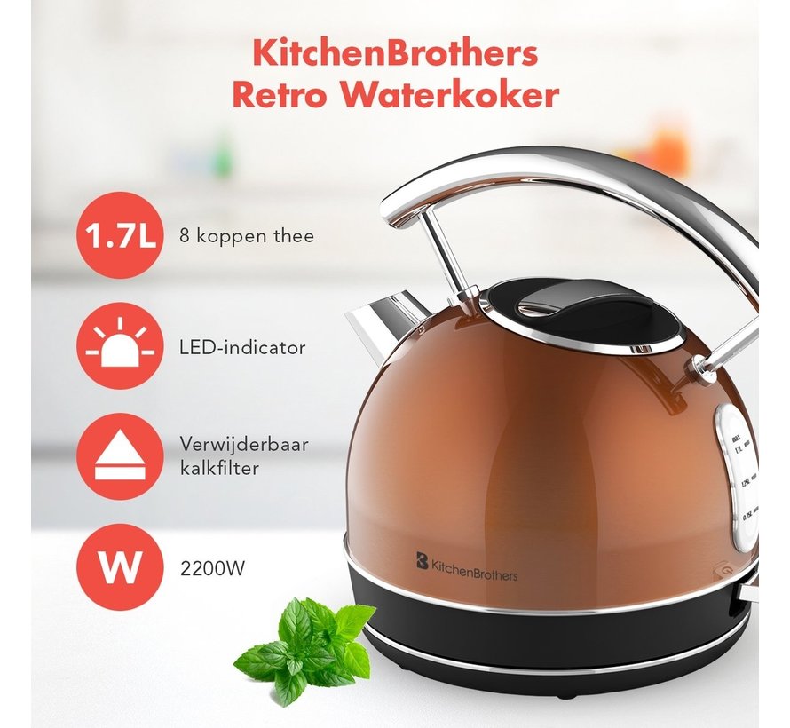 Bouilloire électrique KitchenBrothers - Rétro - 1,7L - 2200W - Acier inoxydable - Cuivre