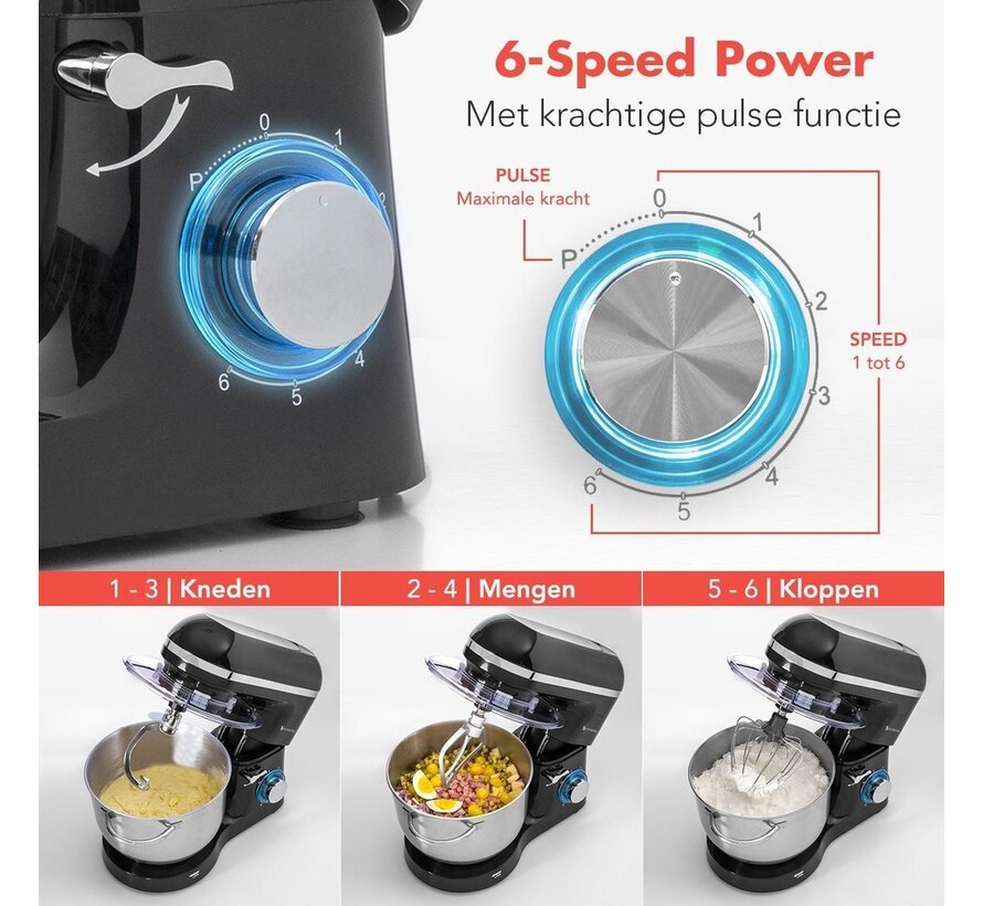 Robot de cuisine - KitchenBrothers - Avec bol de 6L en acier inoxydable - 1400W - Noir