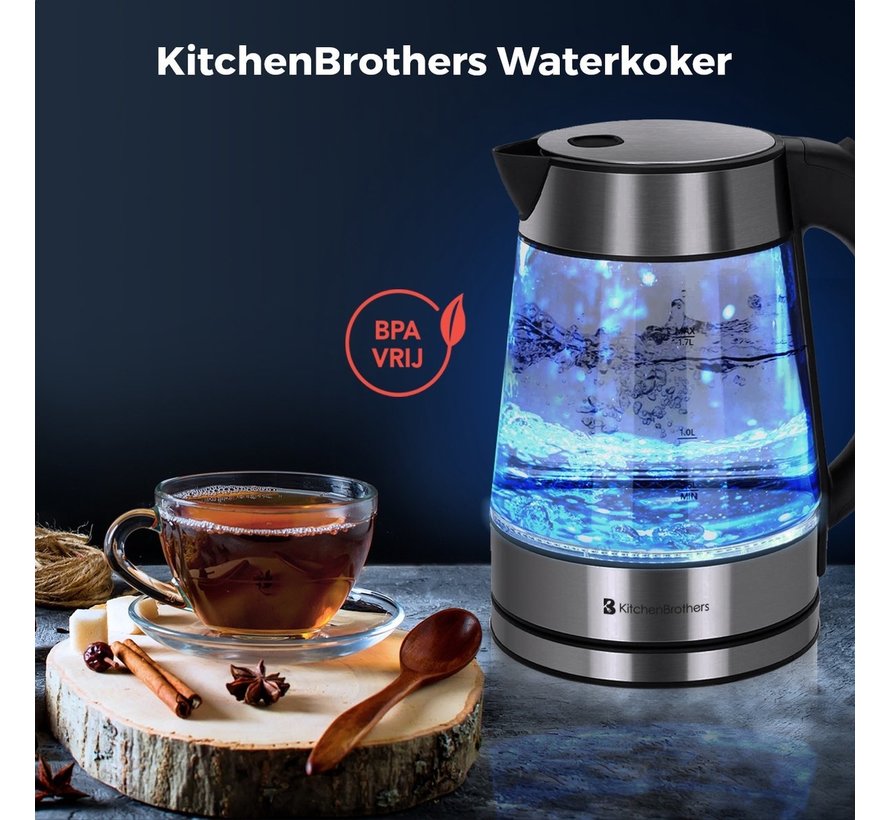 Bouilloire électrique - KitchenBrothers - 1,7L - avec filtre - 2200W - Verre - acier inoxydable
