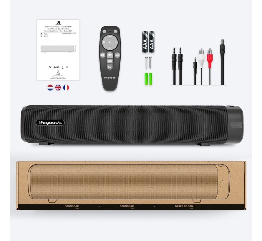 LifeGoods Soundbar - Bluetooth 5.0 - pour TV et PC - 30 watts - Noir